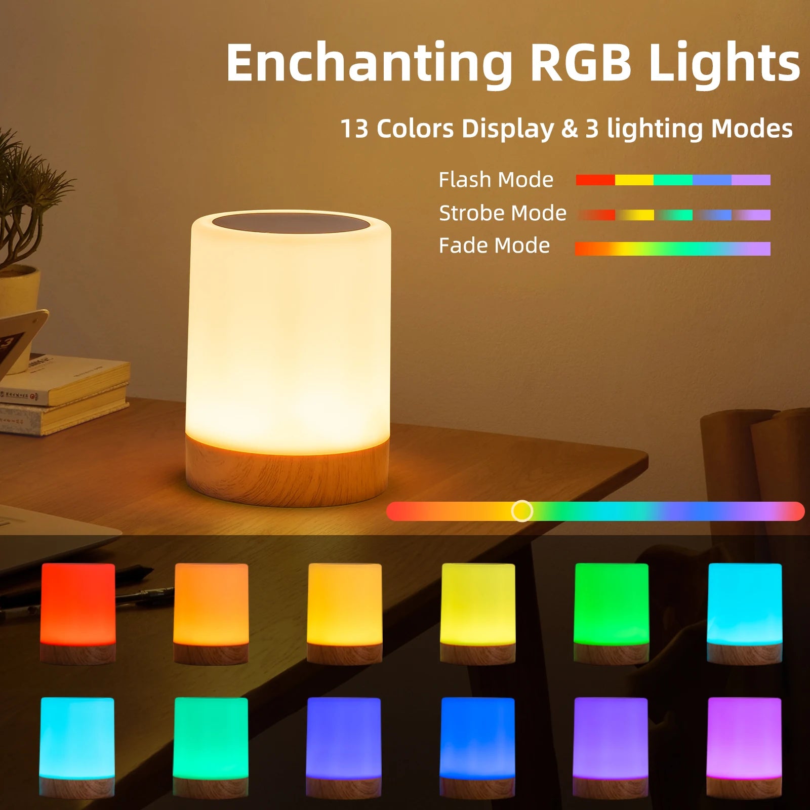 Rechargeable LED night light with wood base, displaying 13 RGB colors and 3 lighting modes.
