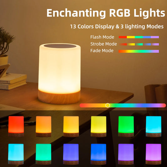 Rechargeable LED night light with wood base, displaying 13 RGB colors and 3 lighting modes.
