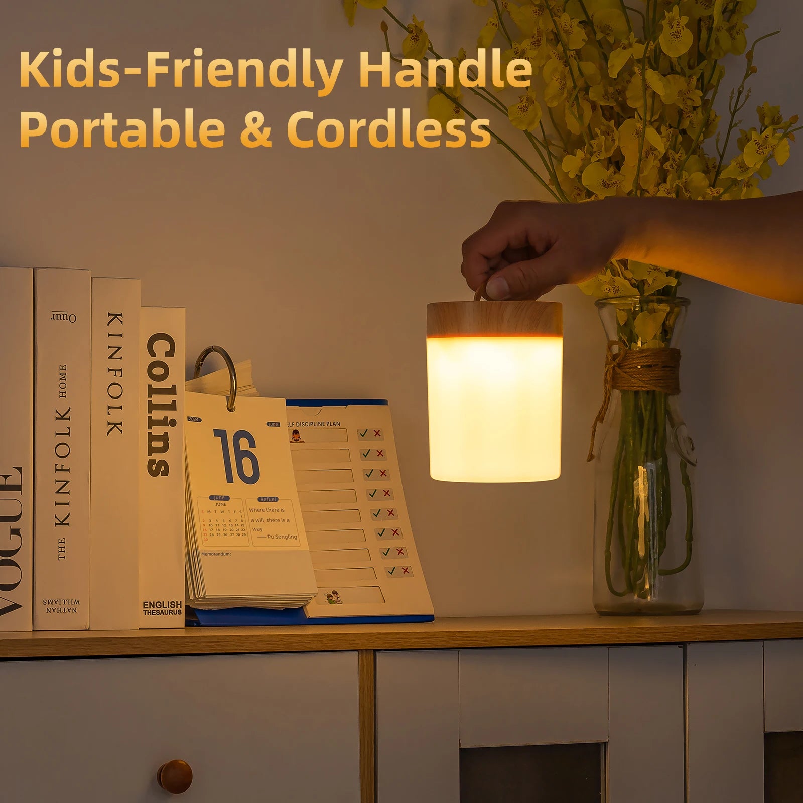 Rechargeable LED night light with wood-grain top, glowing warm white, held by hand next to books and flowers.
