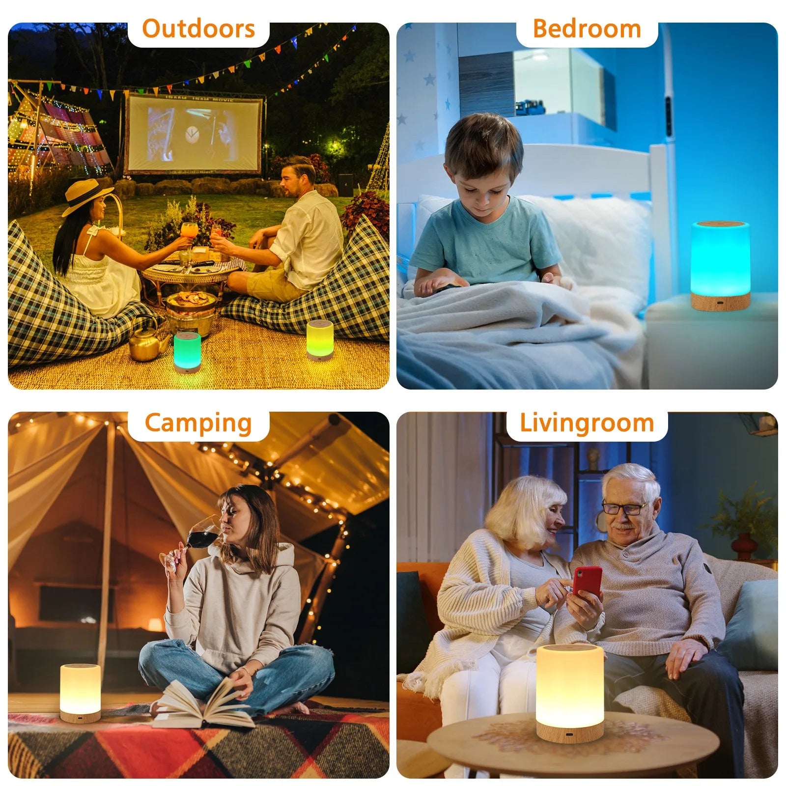 Rechargeable LED night light with wood base, showing color changes in various settings.