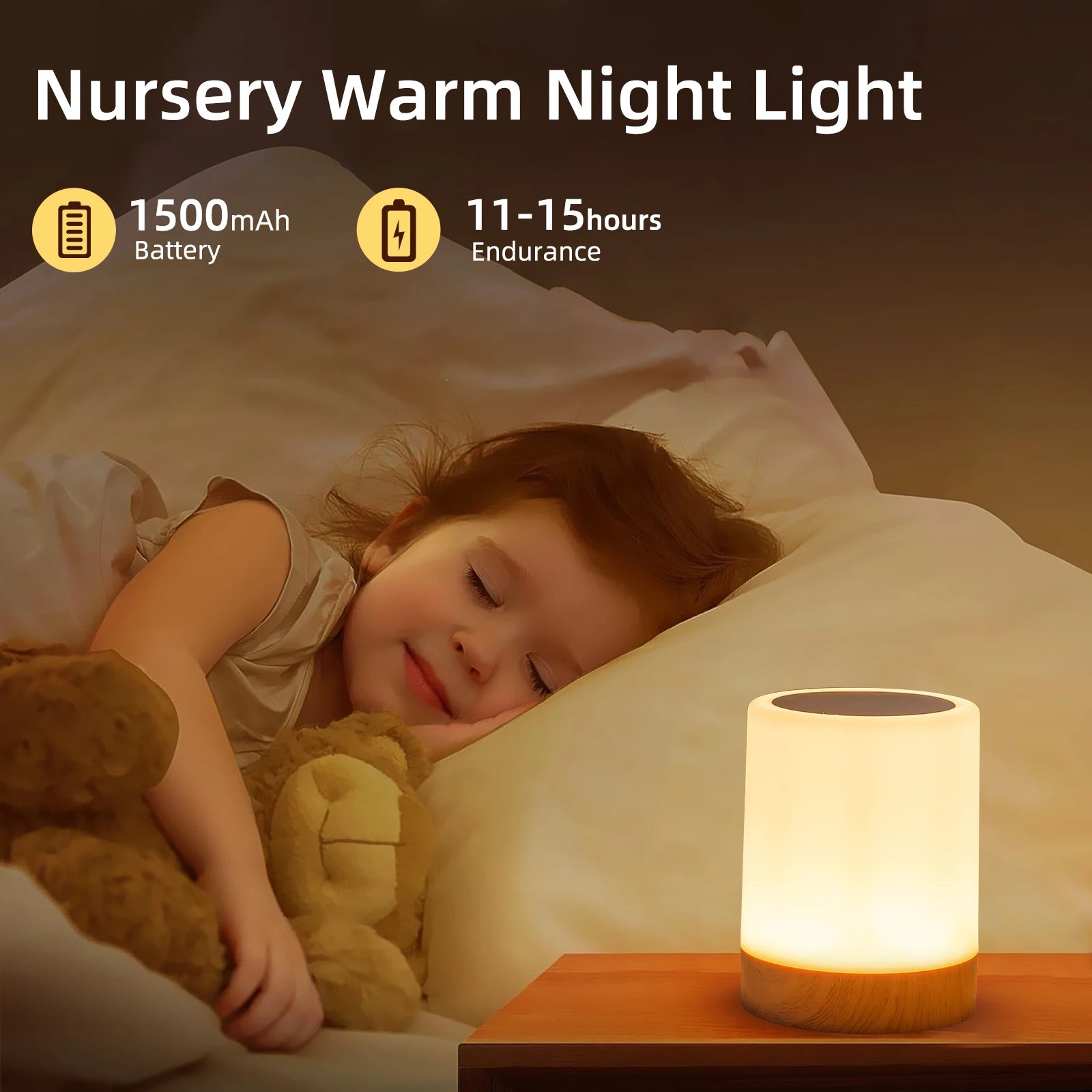 Rechargeable LED night light with remote, RGB colors, and wood-grain base, next to a sleeping child.
