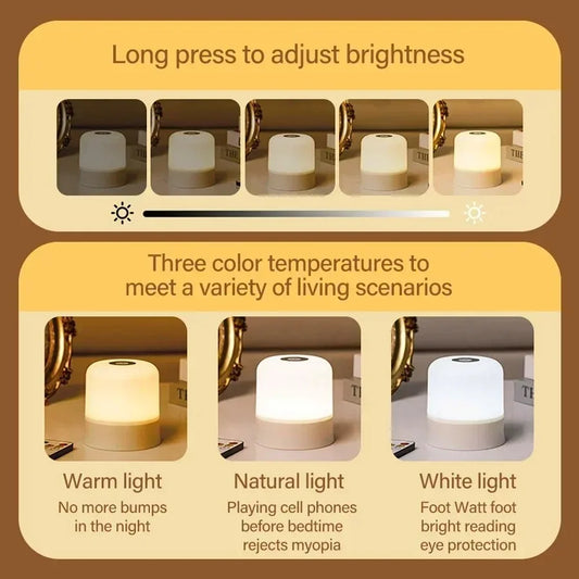 Rechargeable LED night light with touch control, remote, and adjustable warm, natural, and white light.