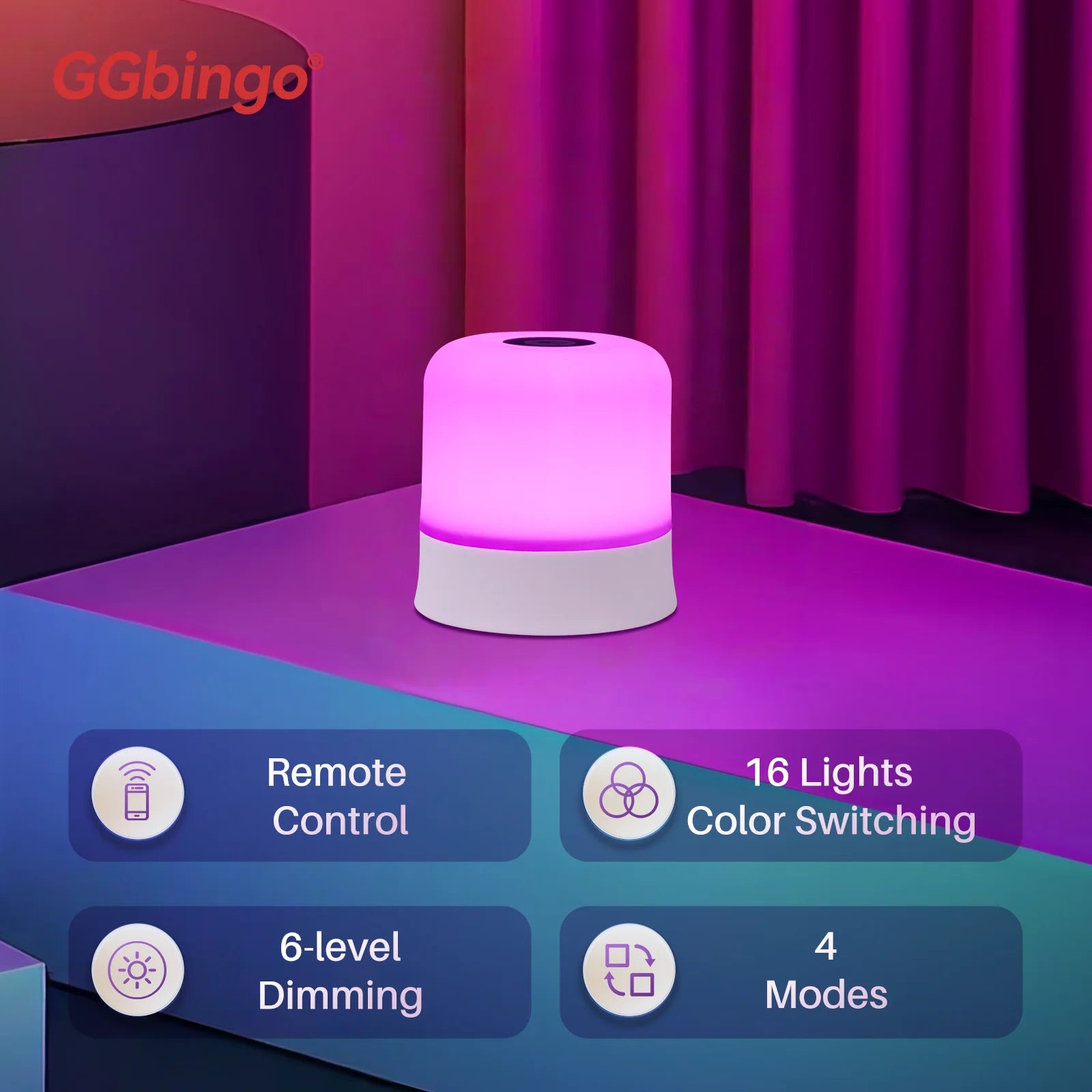 Rechargeable LED night light with touch control, remote, 16 colors, dimming, and 4 modes.