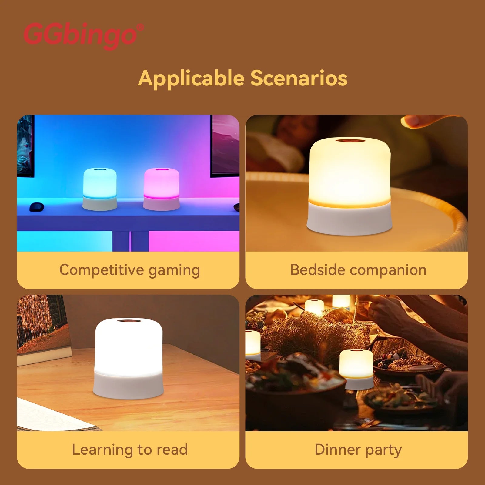Portable LED night light with touch control and remote, shown in various scenarios with adjustable colors.