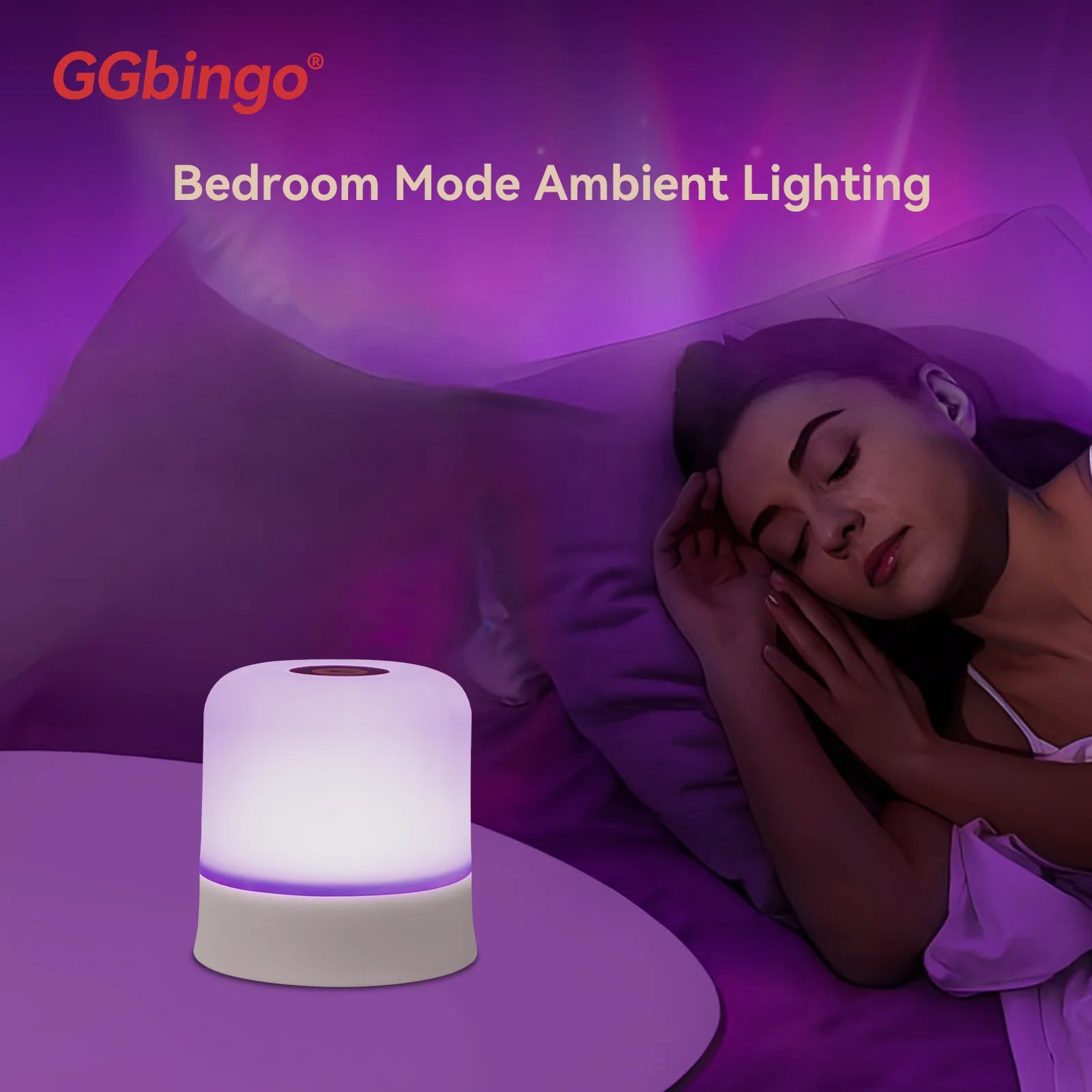 Rechargeable LED night light with touch and remote, emitting soft purple ambient light next to a sleeping woman.