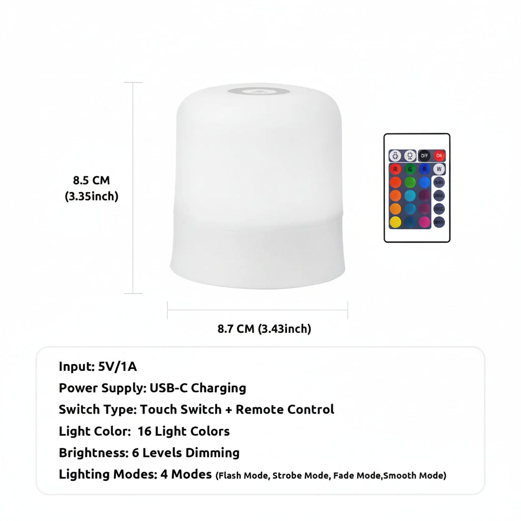 White rechargeable LED night light with touch control, remote, and USB-C charging.