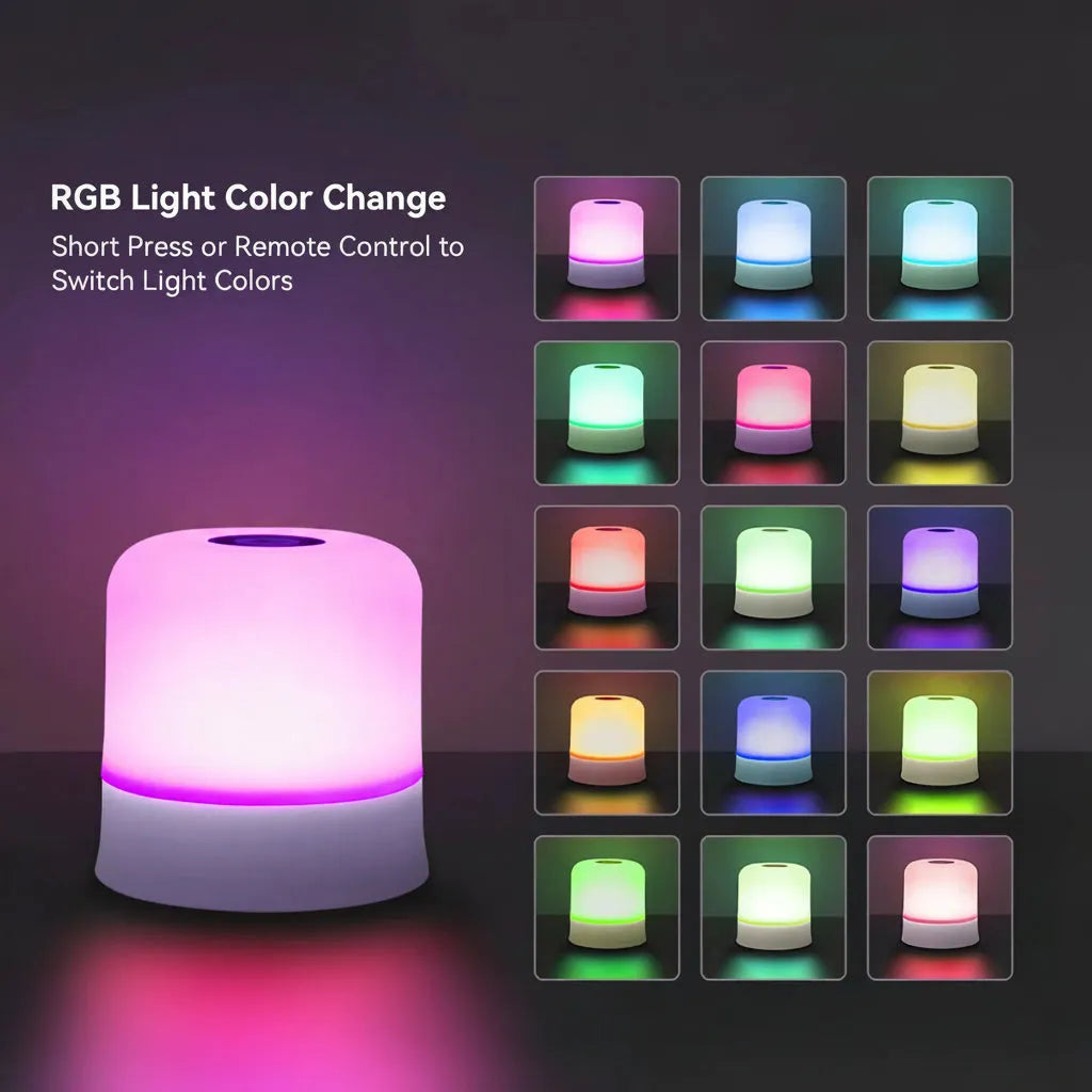 White rechargeable LED night light with touch control, displaying various RGB color options.