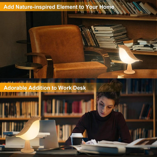 Wooden bird-shaped LED night light with soft glow, shown on a bookshelf and a desk.