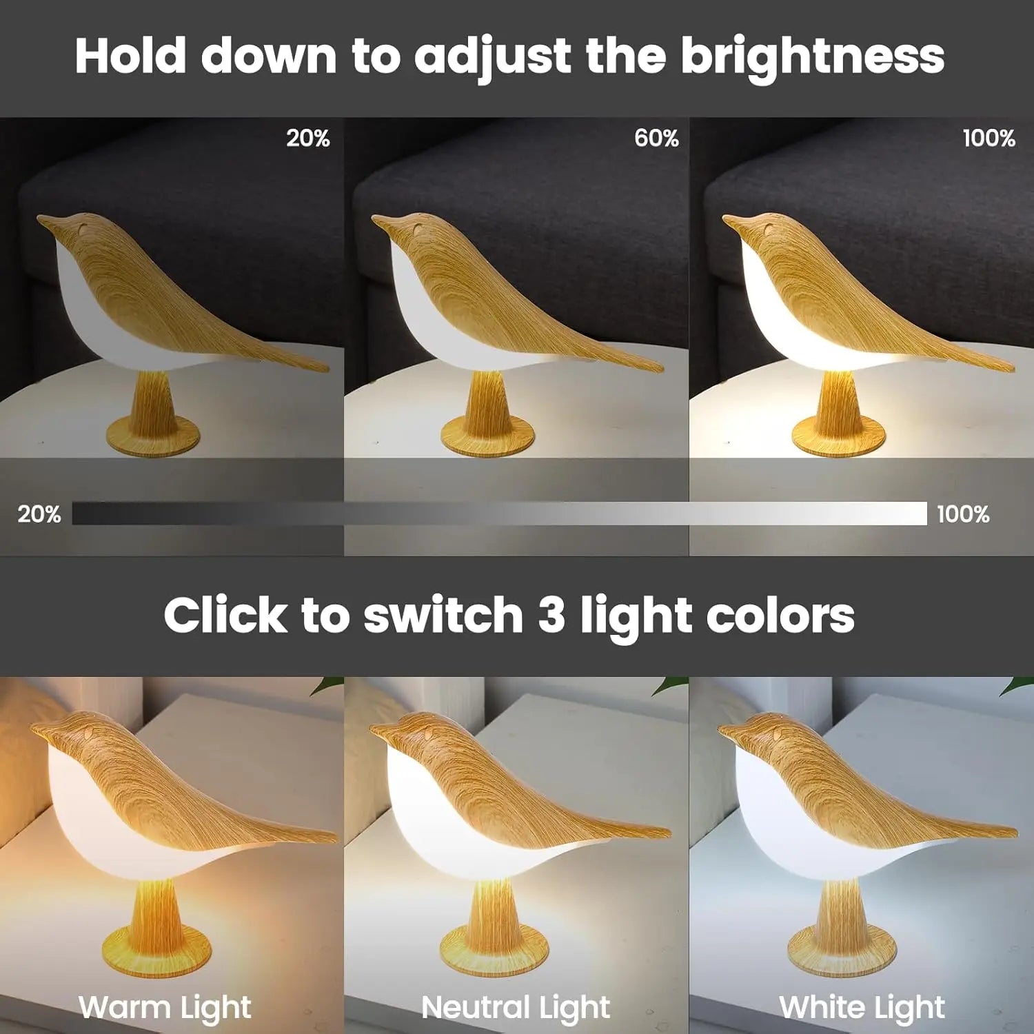 Wooden bird-shaped LED night light with adjustable brightness and three color temperatures.