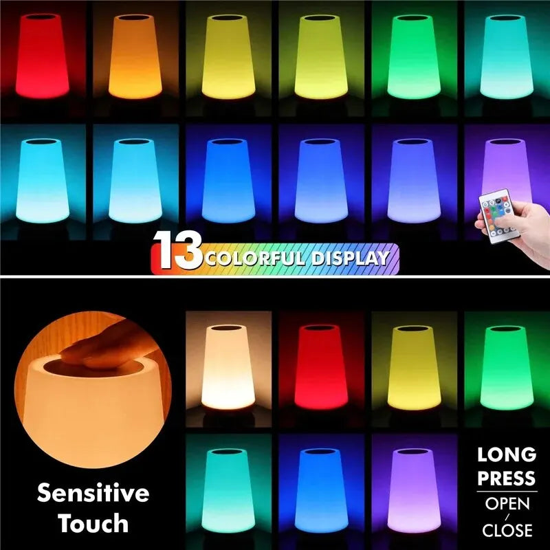 Rechargeable smart LED night light with 13 RGB colors, touch control, and remote.
