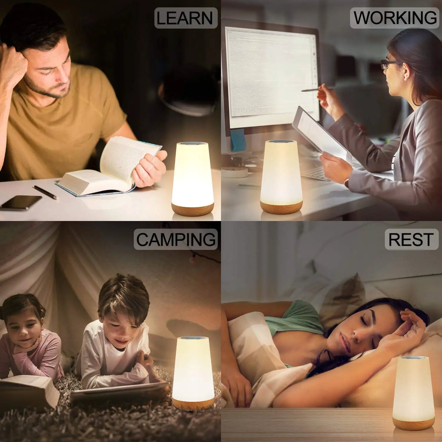 White smart LED night light with a wooden base, shown in four different use scenarios: learning, working, camping, and resting.