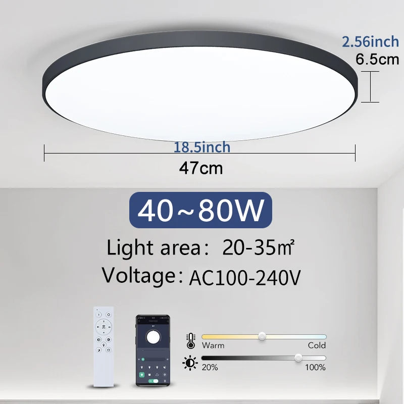 Sleek black round smart LED ceiling light, 18.5-inch diameter, with remote control and app interface.