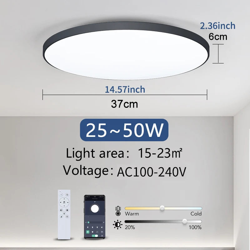 Sleek black round smart LED ceiling light with remote, app control, and dimmer, showing dimensions.