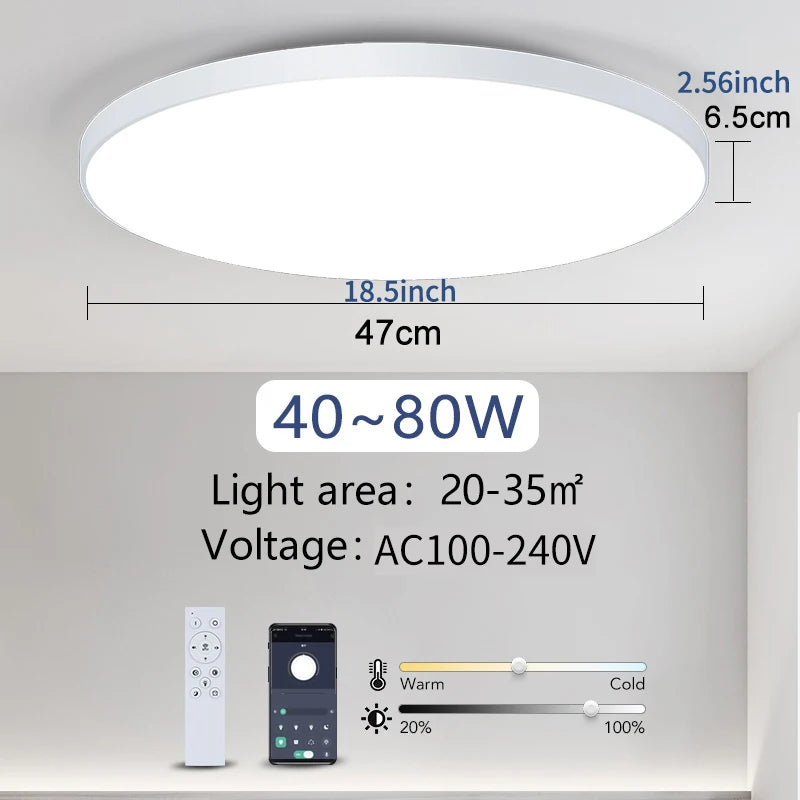 White round LED smart ceiling light, 18.5-inch diameter, with remote control and app interface.