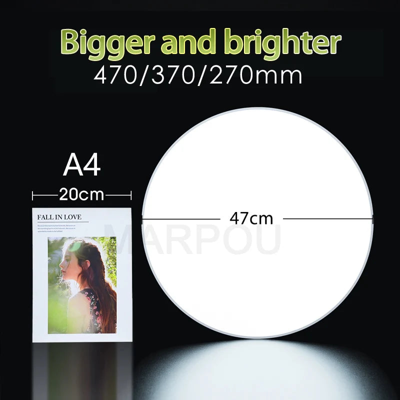 Round white smart LED ceiling light, 47cm diameter, shown next to an A4 paper for size comparison.