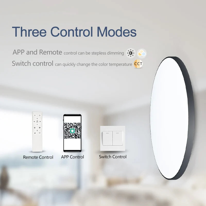 White smart LED ceiling light with black trim, remote, app, and switch control options.