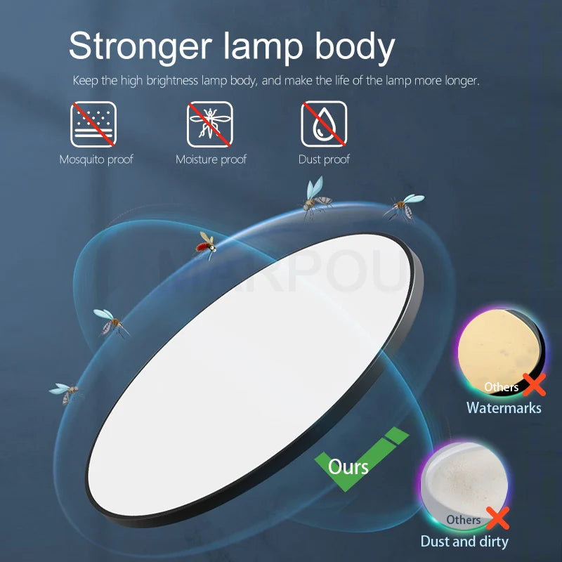 White oval smart LED ceiling light with black trim, showcasing mosquito, moisture, and dust-proof features.