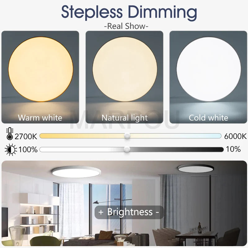 Round white smart LED ceiling light with stepless dimming, showing warm, natural, and cold white light.