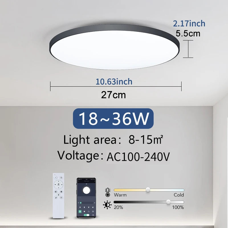 Modern round black smart LED ceiling light with white diffuser, remote, app controls, and dimensions.
