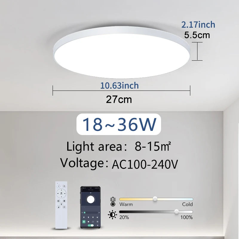 White round smart LED ceiling light with remote, app control, and dimmer, showing dimensions.