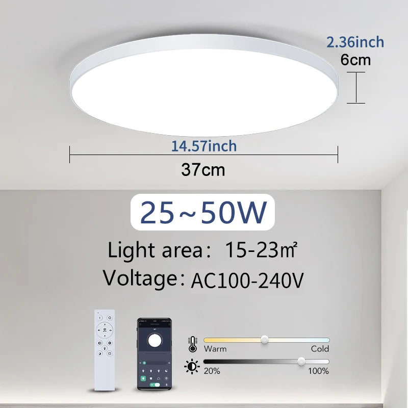 White round smart LED ceiling light, 37cm diameter, 6cm thick, with remote control and app interface.