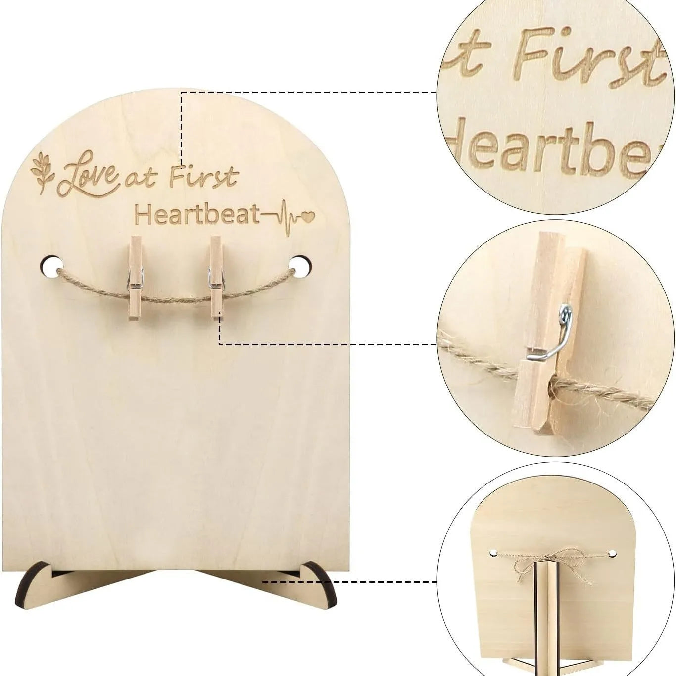 Minimalist wooden ultrasound photo frame with "Love at First Heartbeat" engraving, twine, and mini clothespins.