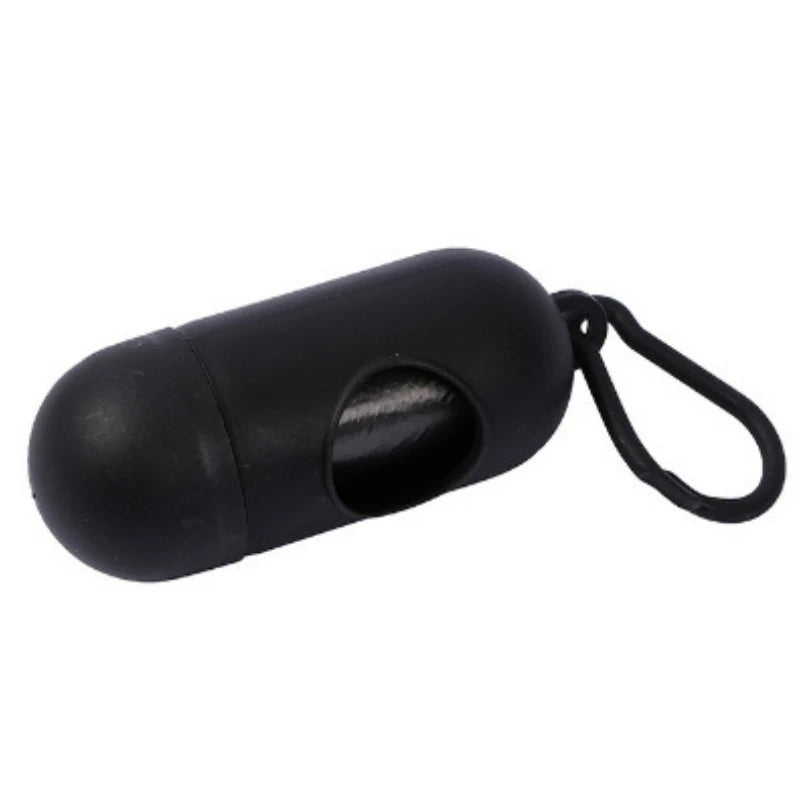 Black capsule-shaped portable waste bag dispenser with a clip, ideal for diapers or pet waste.