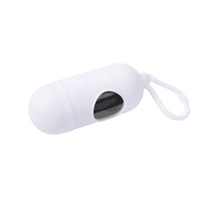 White capsule-design portable waste bag dispenser with a black opening and clip for diapers or pet waste.