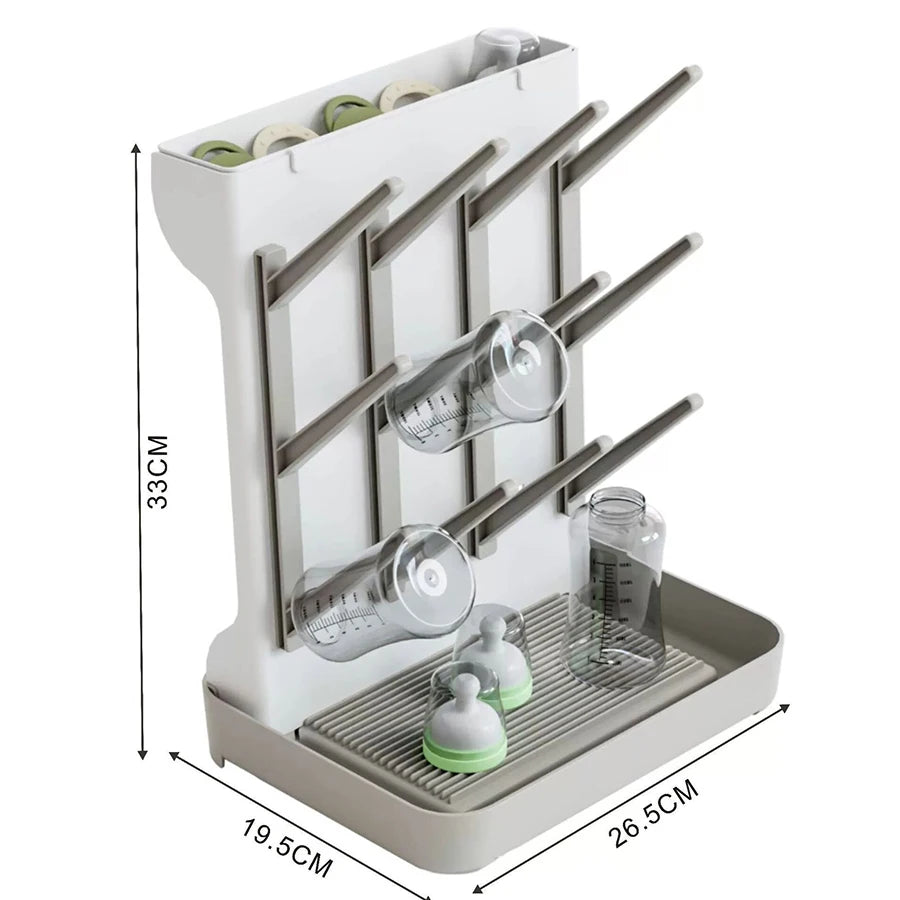 White multi-tier baby bottle drying rack with gray pegs, holding bottles and pacifiers, 26.5x19.5x33cm.