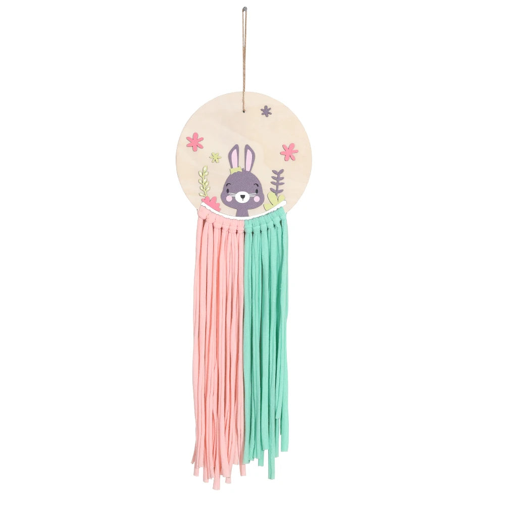 Wooden wall hanger with a cute bunny, pink and mint green macrame tassels, for girls' hair accessories.