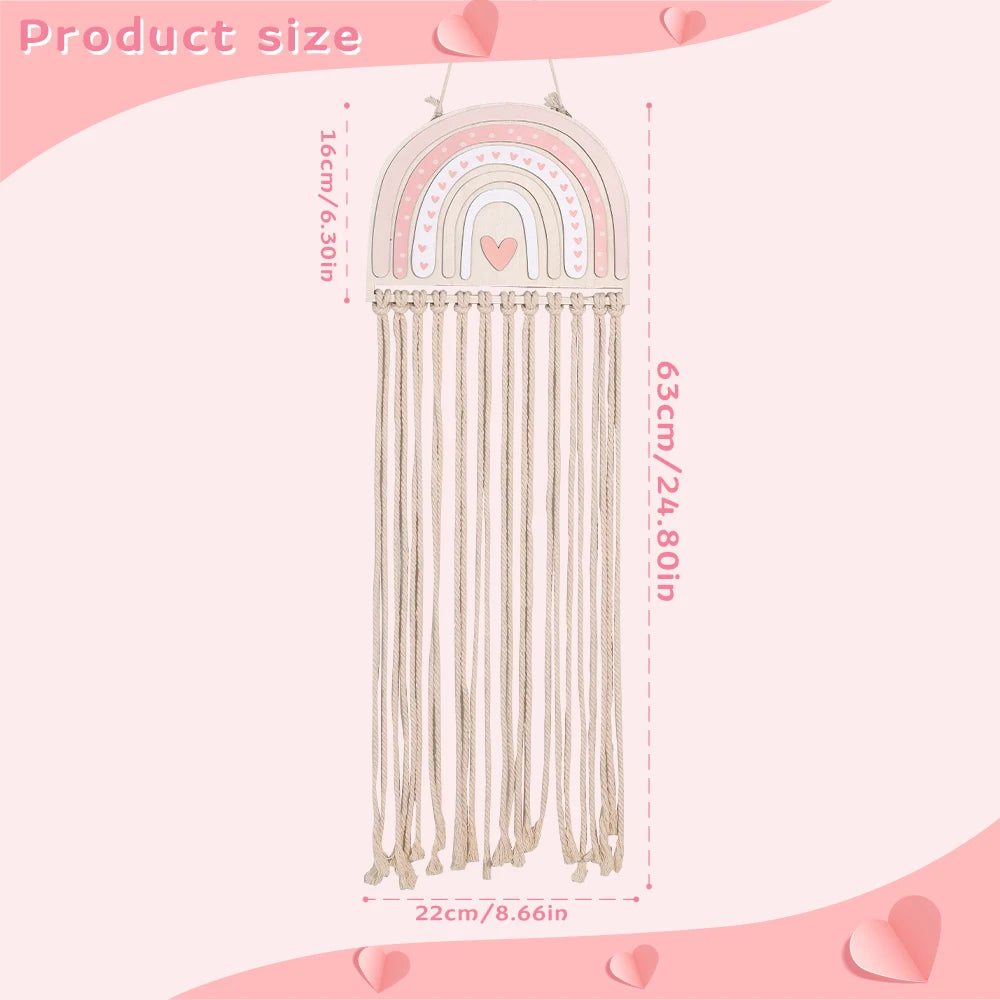 Wooden rainbow wall hanger with macrame ropes for hair accessories, 63cm long.