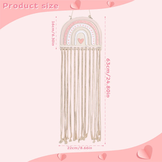 Wooden rainbow wall hanger with macrame ropes for hair accessories, 63cm long.