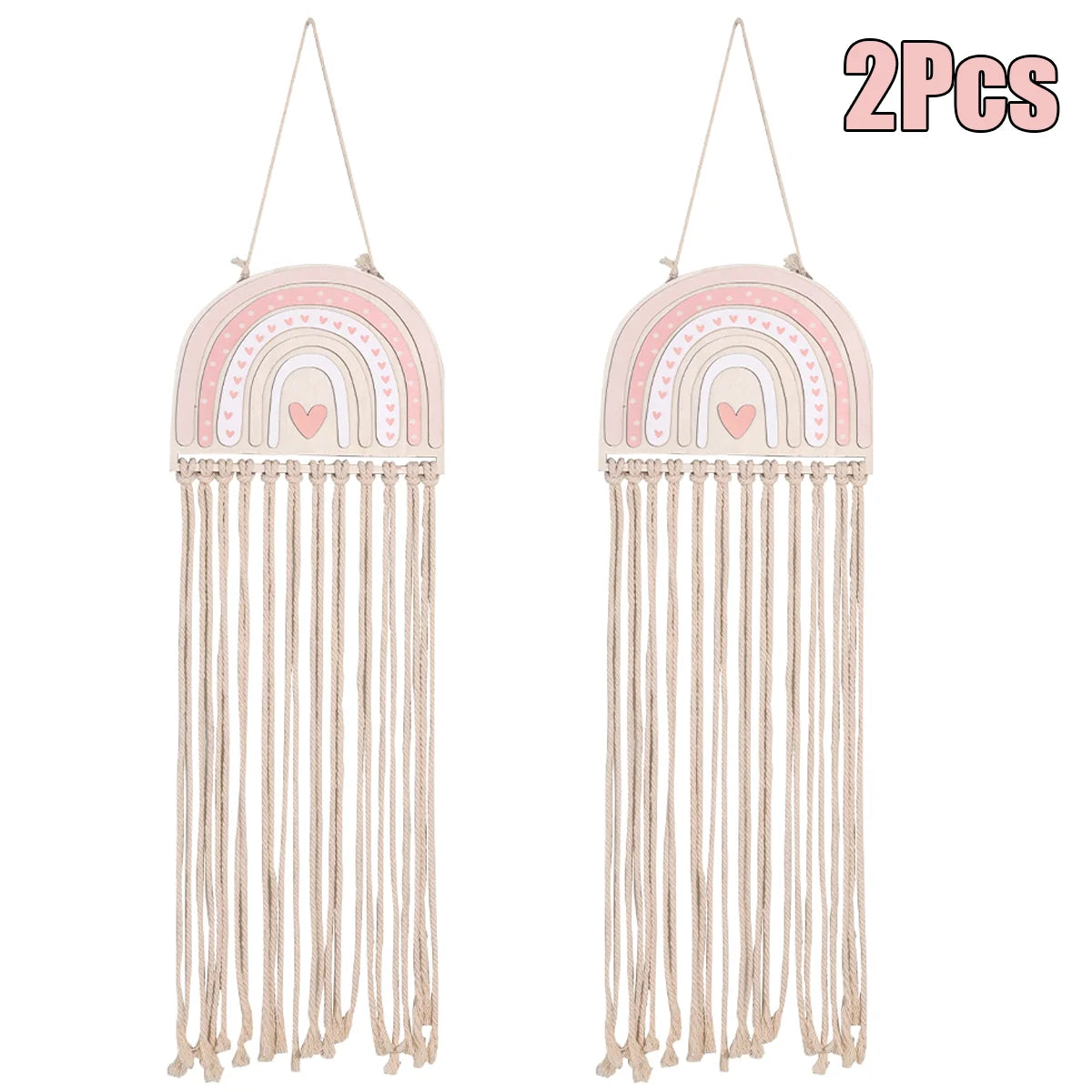 Set of 2 pink wooden rainbow wall hangers with macrame tassels for girls' hair accessories.
