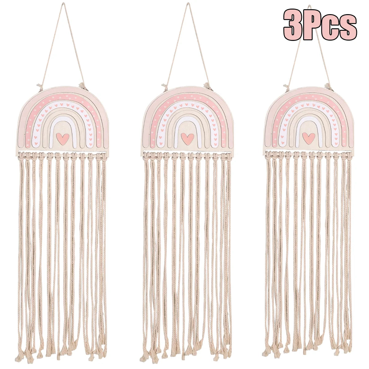 Set of 3 pink and beige rainbow macrame wall hangers for girls' hair accessories.
