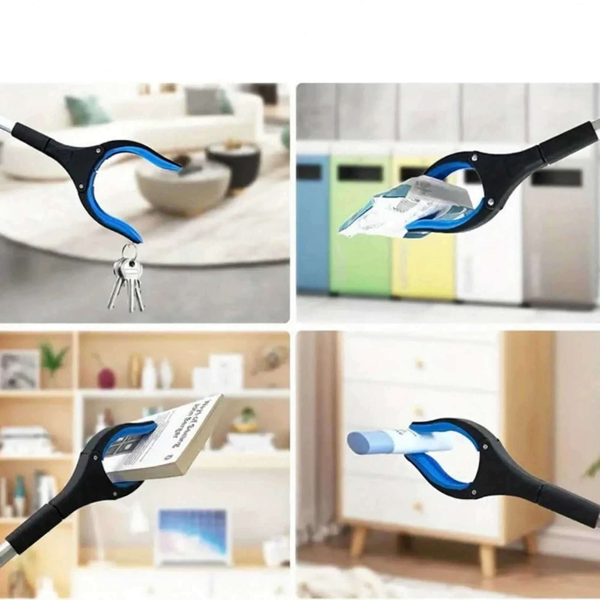 Black and blue 80cm foldable grabber tool with 360-degree rotating head picking up various items.