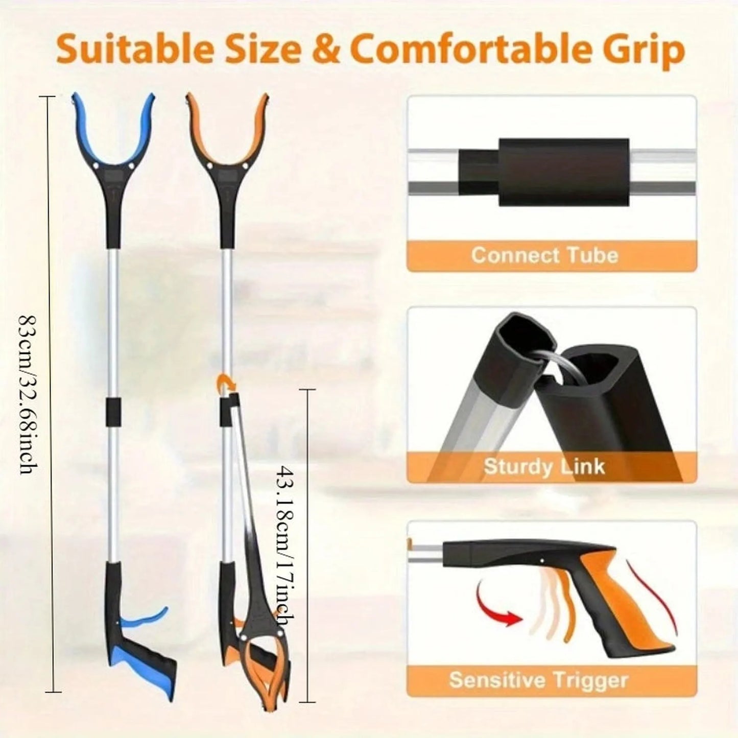 Foldable 80cm grabber tool with blue and orange rotating heads, comfortable grip, and trigger.