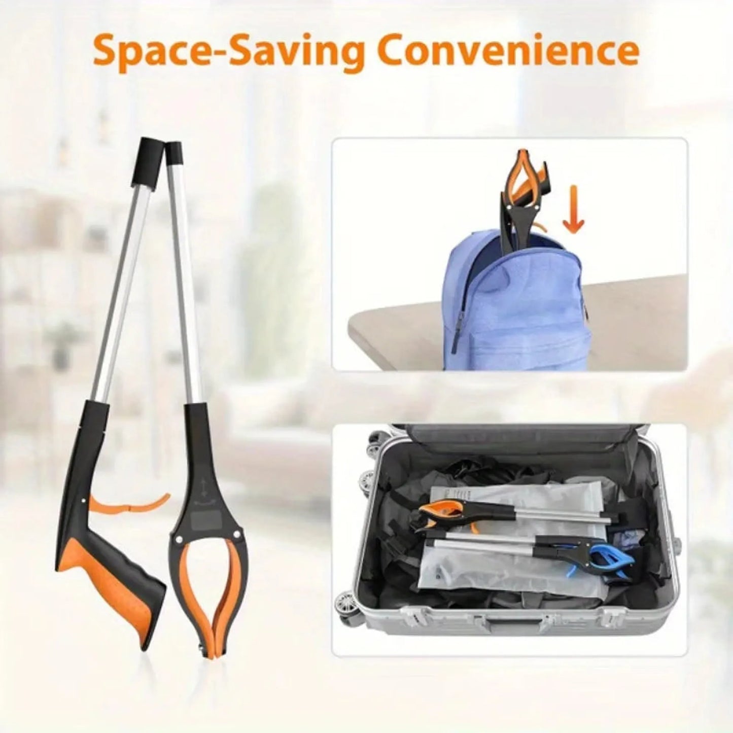 Foldable 80cm grabber tool with orange handle, 360-degree rotating head, shown storing in a backpack and suitcase.