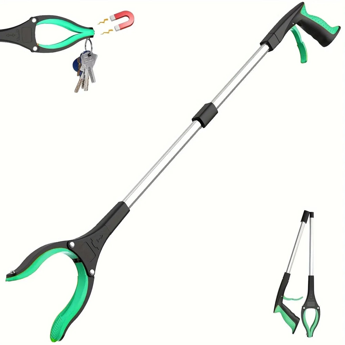 80cm foldable grabber tool with 360-degree rotating head, black and green aluminum alloy.