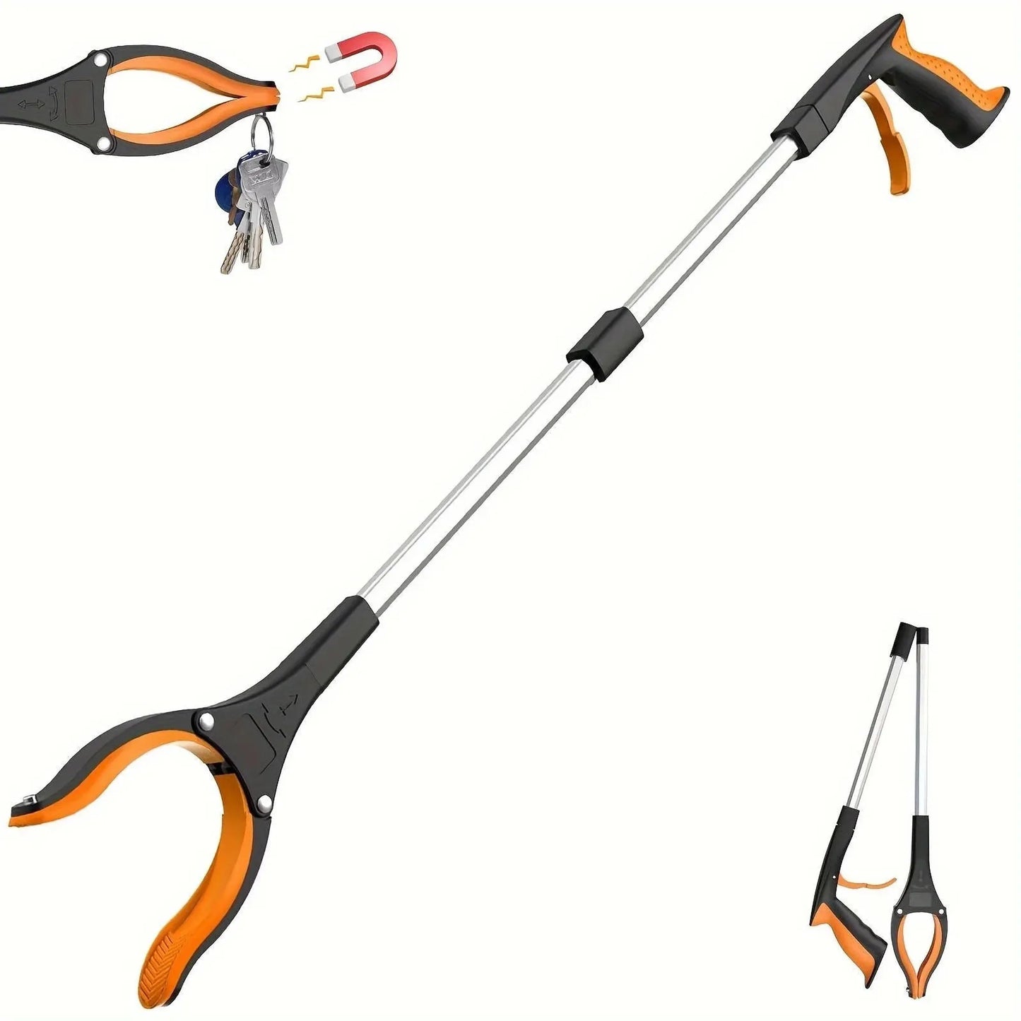 80cm foldable grabber tool with orange and black accents, 360-degree rotating head, and magnetic tip.