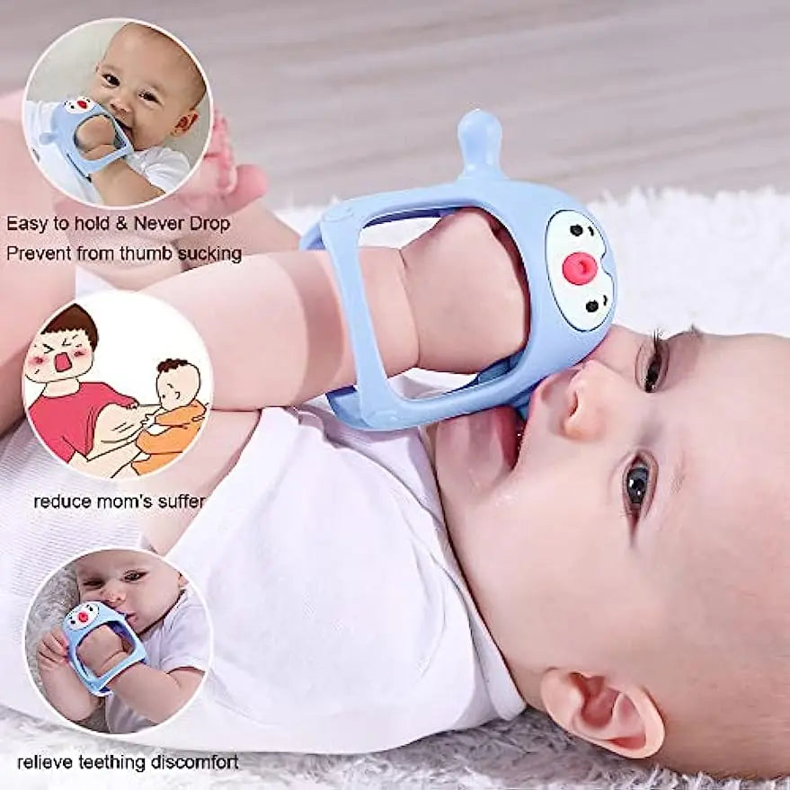 Blue silicone ergonomic baby teether pacifier worn on a baby's hand, with feature callouts.
