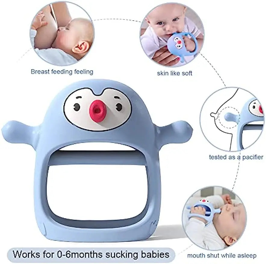 Light blue penguin-shaped silicone baby teether and pacifier for 0-6 months, with ergonomic design.