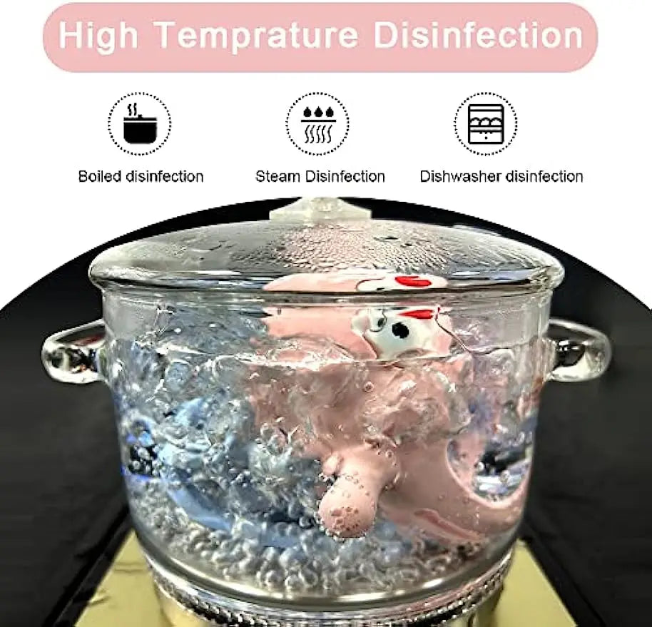 Pink ergonomic silicone baby teether being disinfected in boiling water, illustrating safety and hygiene.