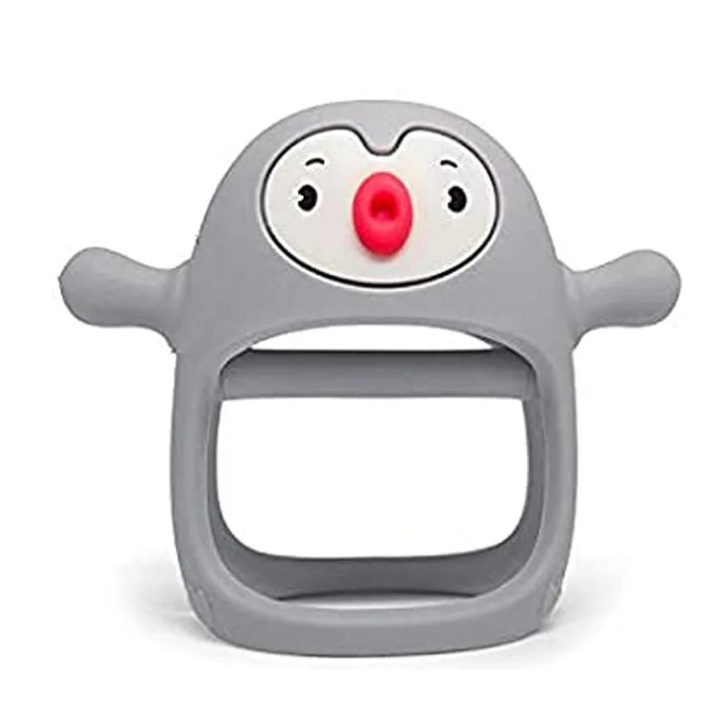 Gray silicone penguin baby teether with a white face and red nose, designed for small hands.