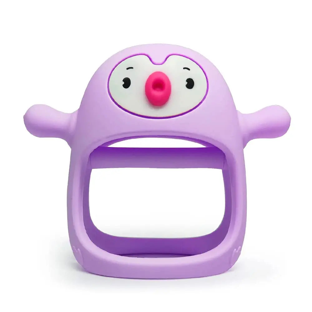 Purple silicone ergonomic baby teether pacifier shaped like a penguin, designed to prevent drops.