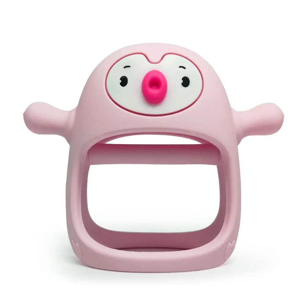 Pink silicone ergonomic baby teether and pacifier shaped like a cute animal.