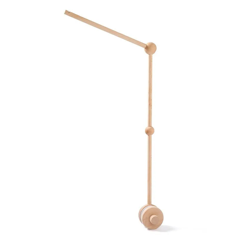 Natural wood baby crib mobile arm with a minimalist Nordic design.
