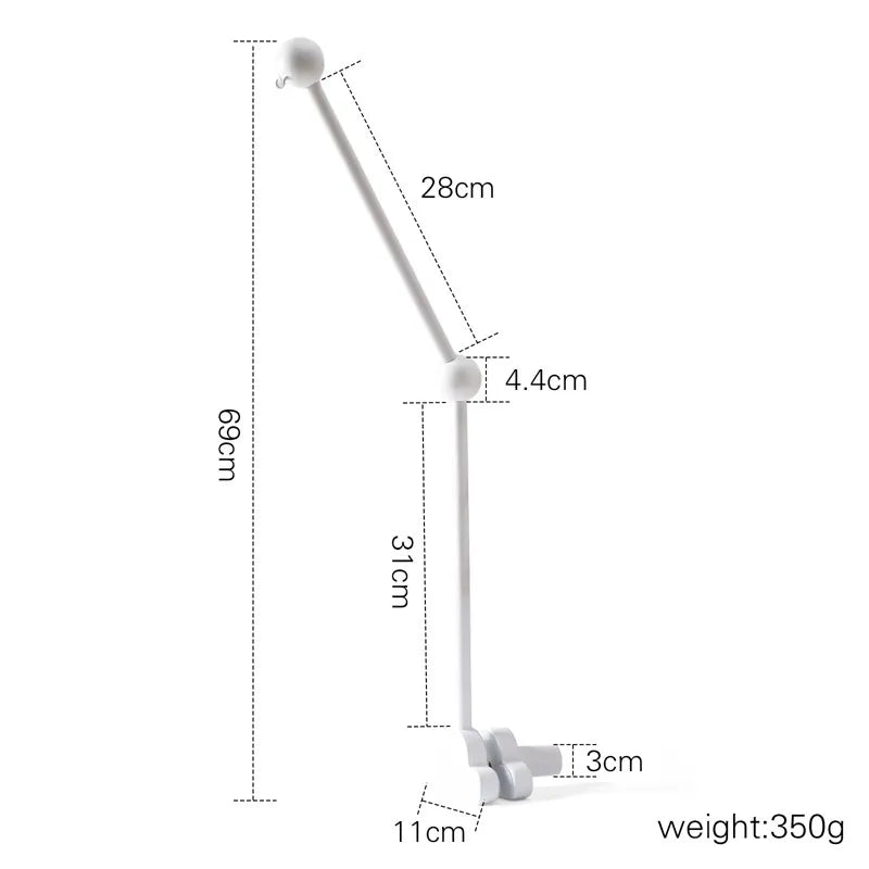 White baby crib mobile arm with dimensions: 69cm total height, 28cm upper arm, 31cm lower arm.