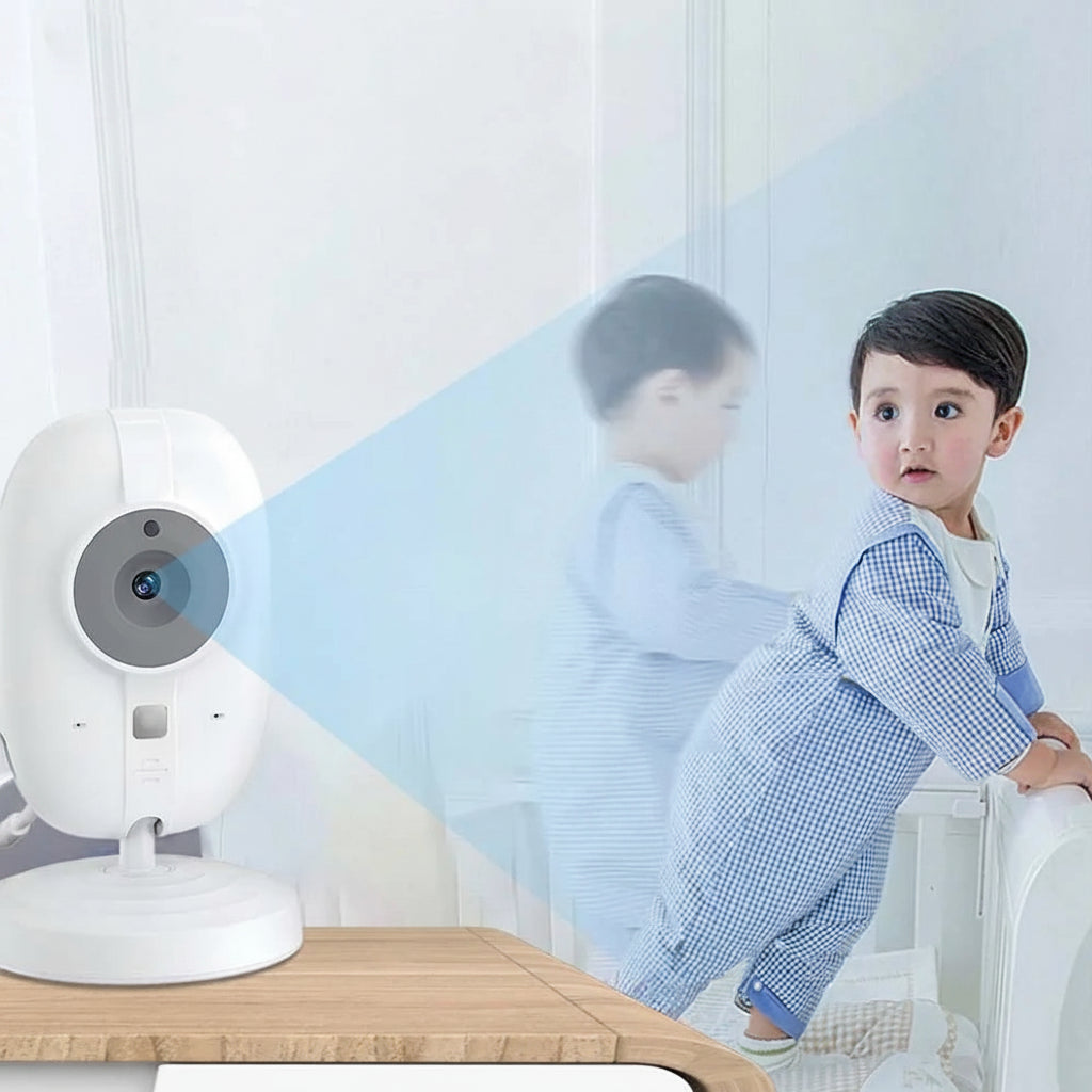 White baby monitor camera with night vision, tracking a baby in a crib.