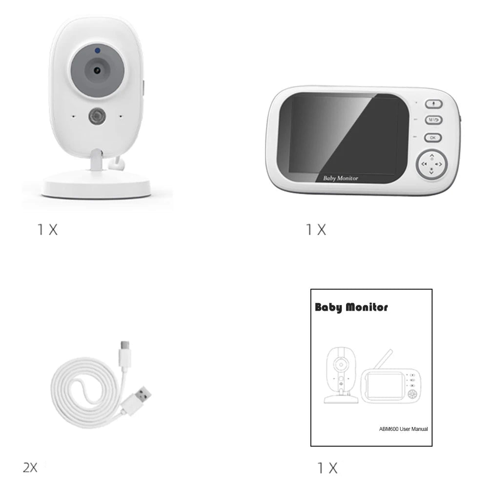 White 3.5-inch video baby monitor with night vision camera, parent unit, USB-C cables, and user manual.