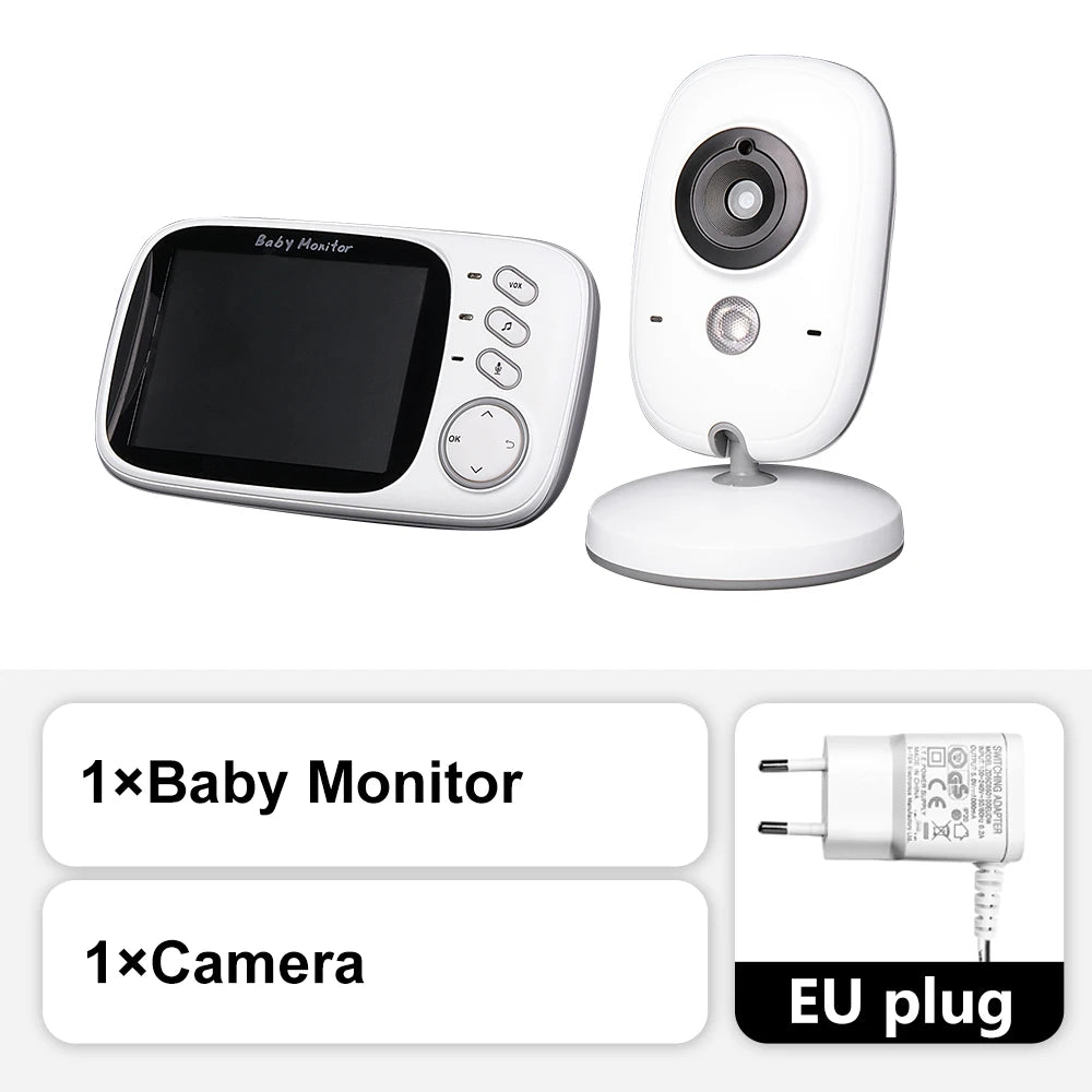 White 3.5-inch LCD baby monitor with night vision camera and EU plug.